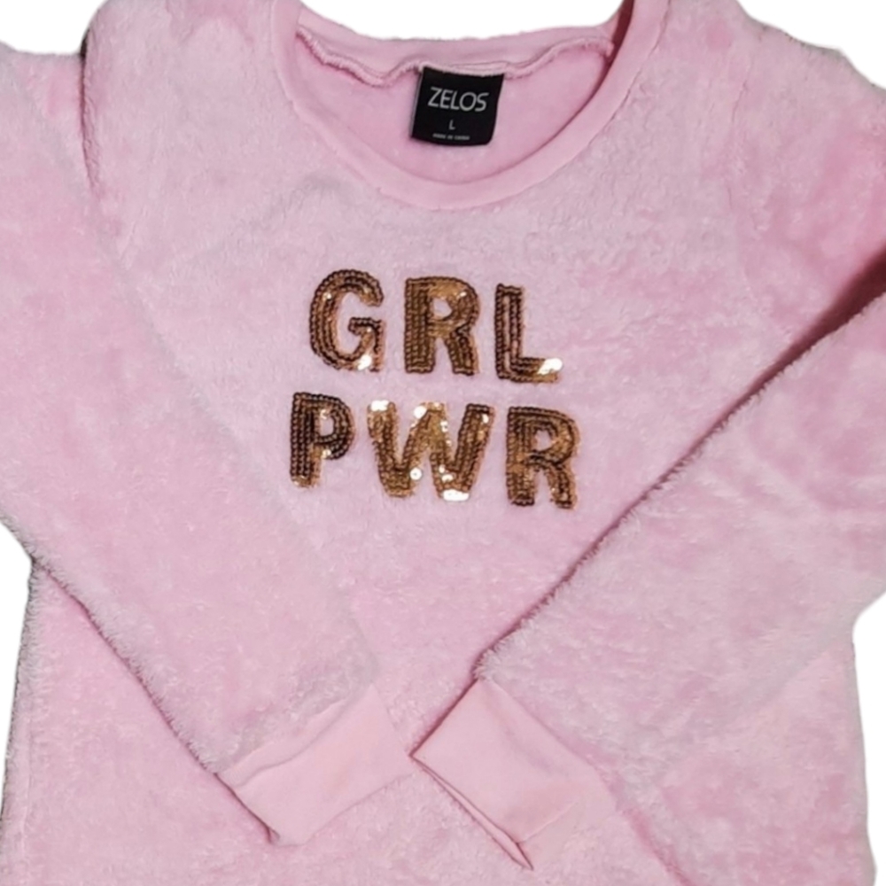 Zelos Size L Pink GRL‎ PWR Plush Sweatshirt with Gold Sequins